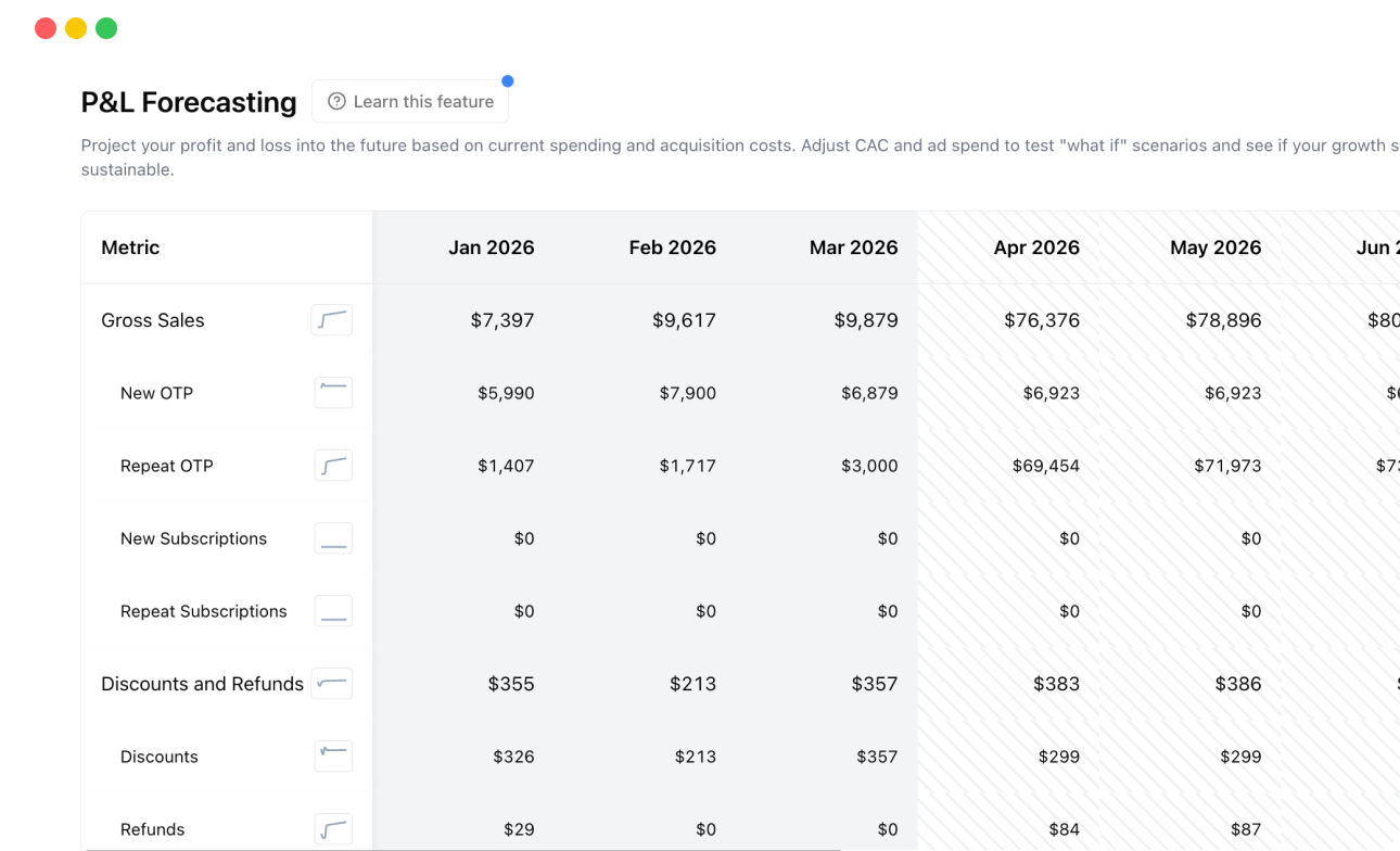 P&L Forecasting screenshot